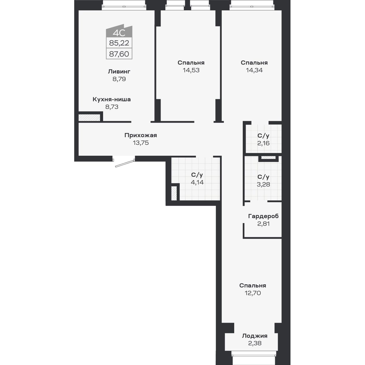4-комнатная, 87.6 м², № 338 в Ясный берег-город у воды