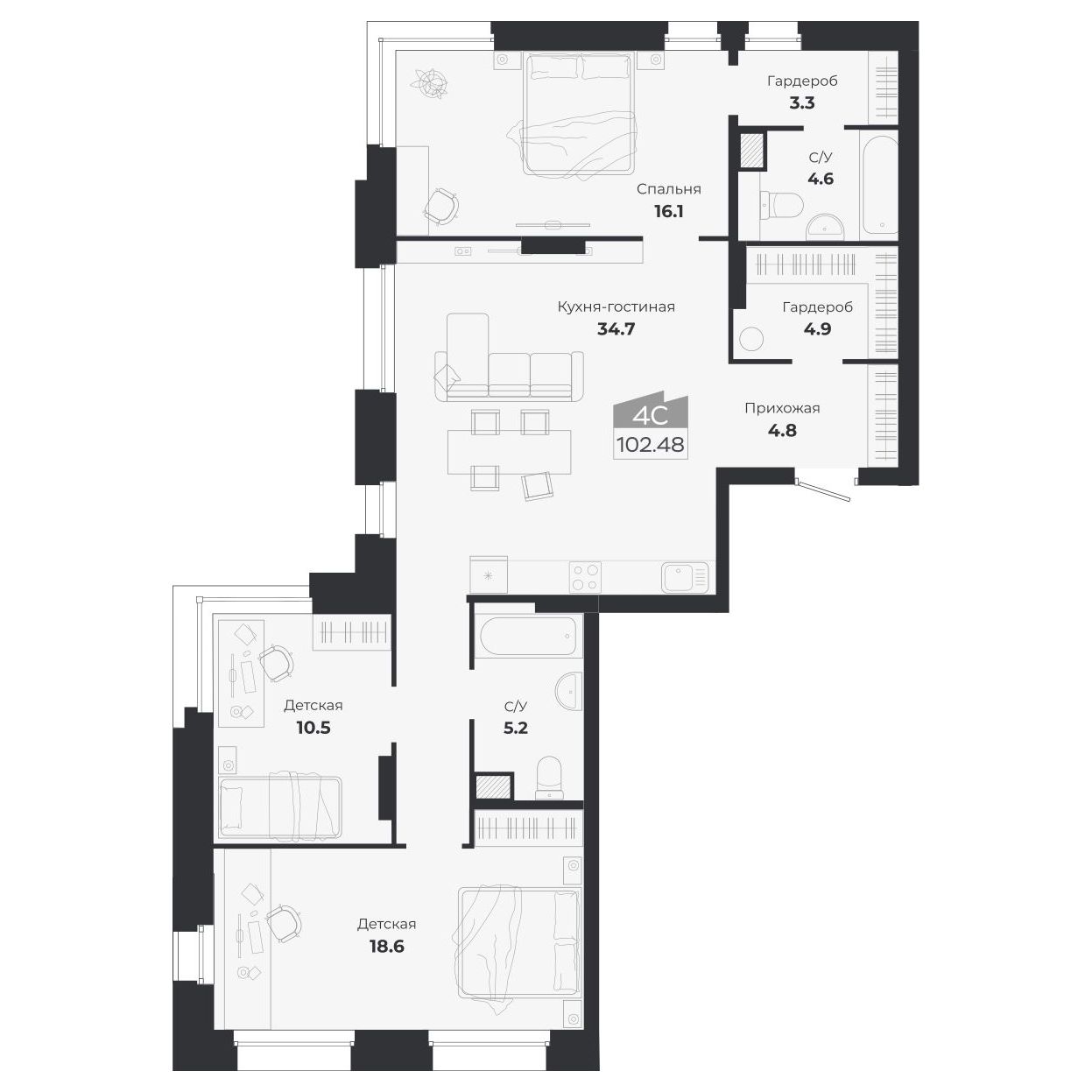 4-комнатная, 101.91 м², № 377 в Ясный берег-город у воды