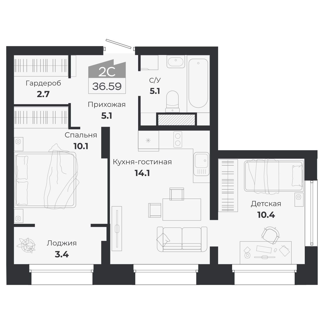 3-комнатная, 50.35 м², № 374 в Ясный берег-город у воды