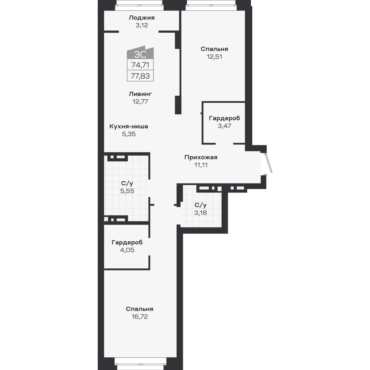 3-комнатная, 77.83 м², № 455 в Ясный берег-город у воды