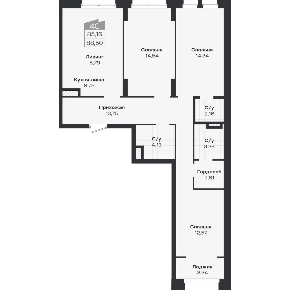 4-комнатная, 88.5 м², № 328 в Ясный берег-город у воды