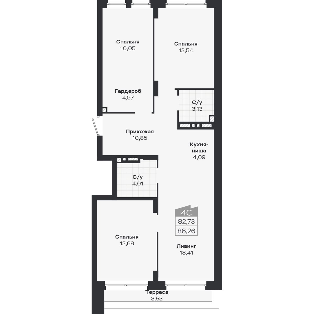 4-комнатная, 86.26 м², № 456 в Ясный берег-город у воды