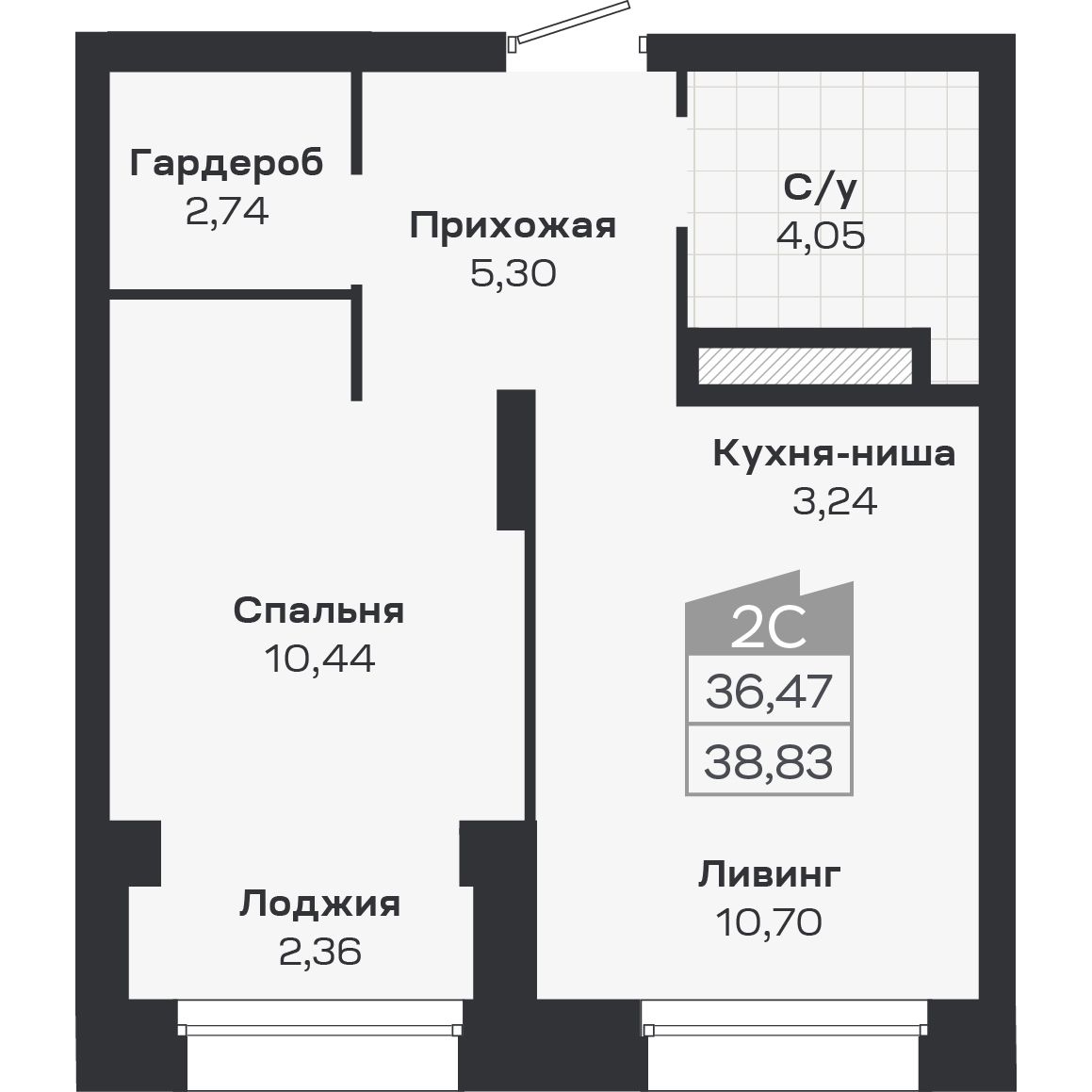 2-комнатная, 38.83 м², № 366 в Ясный берег-город у воды