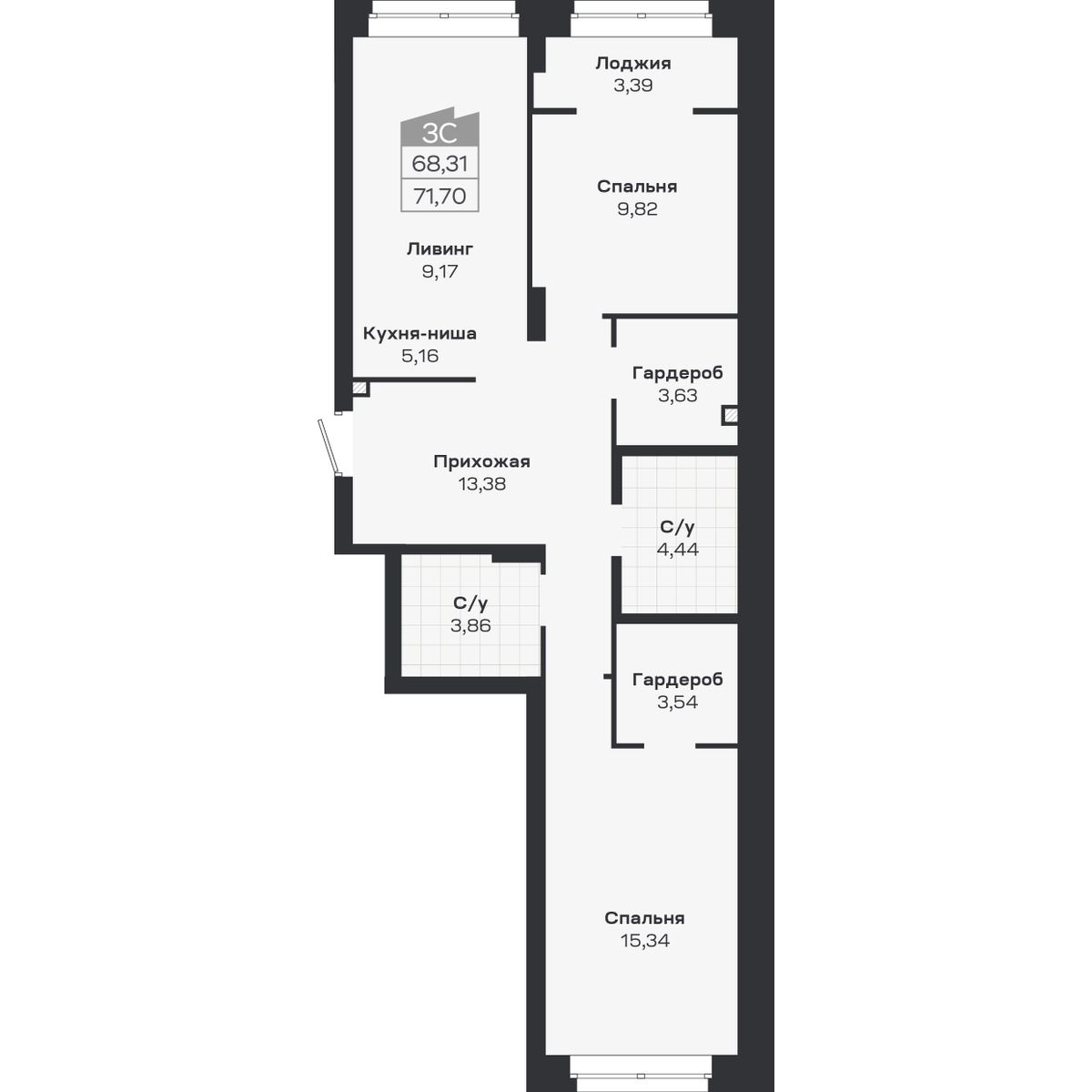 3-комнатная, 71.7 м², № 436 в Ясный берег-город у воды