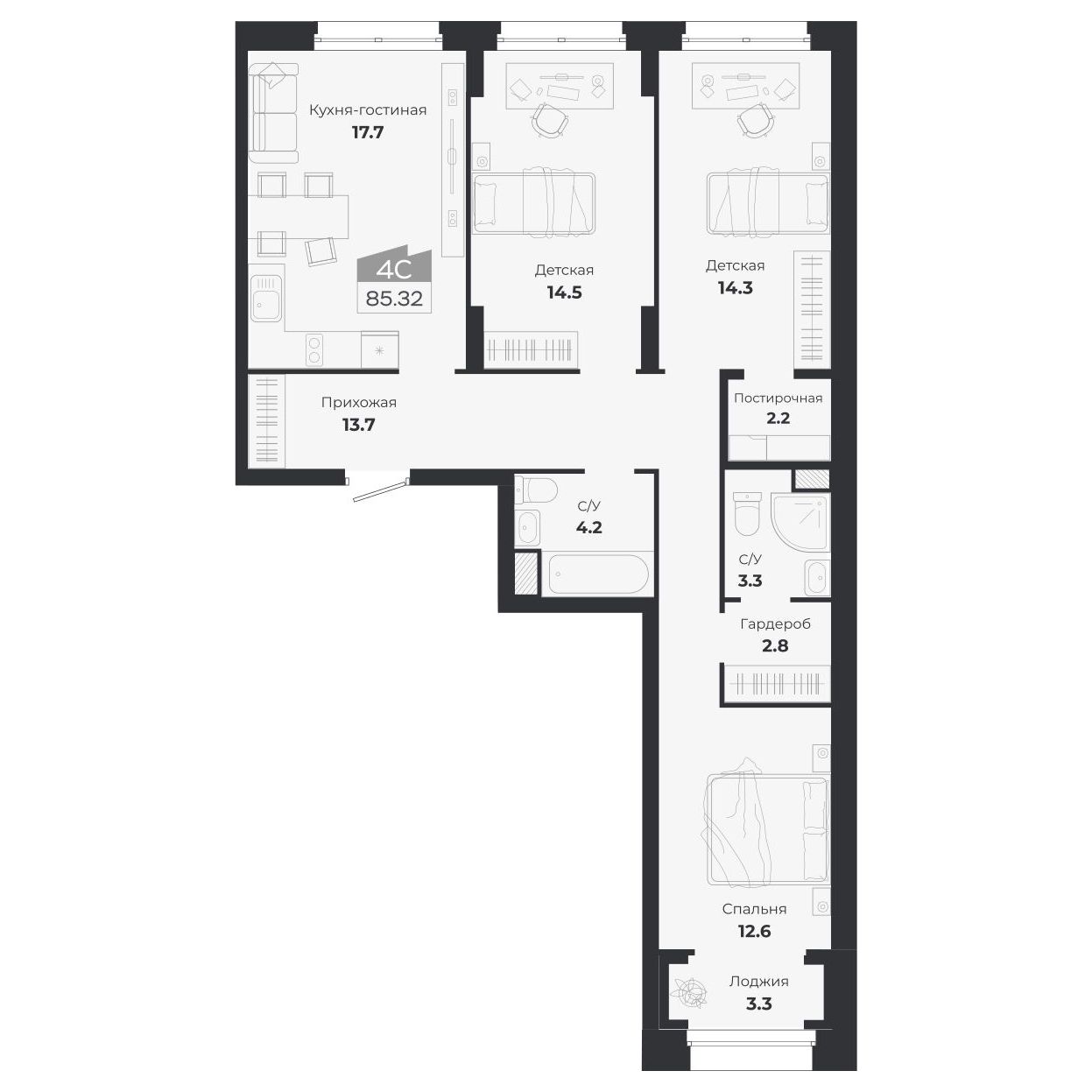4-комнатная, 88.55 м², № 338 в Ясный берег-город у воды