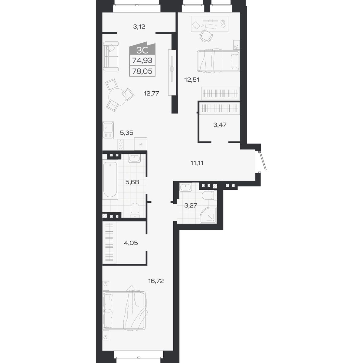 3-комнатная, 78.05 м², № 443 в Ясный берег-город у воды