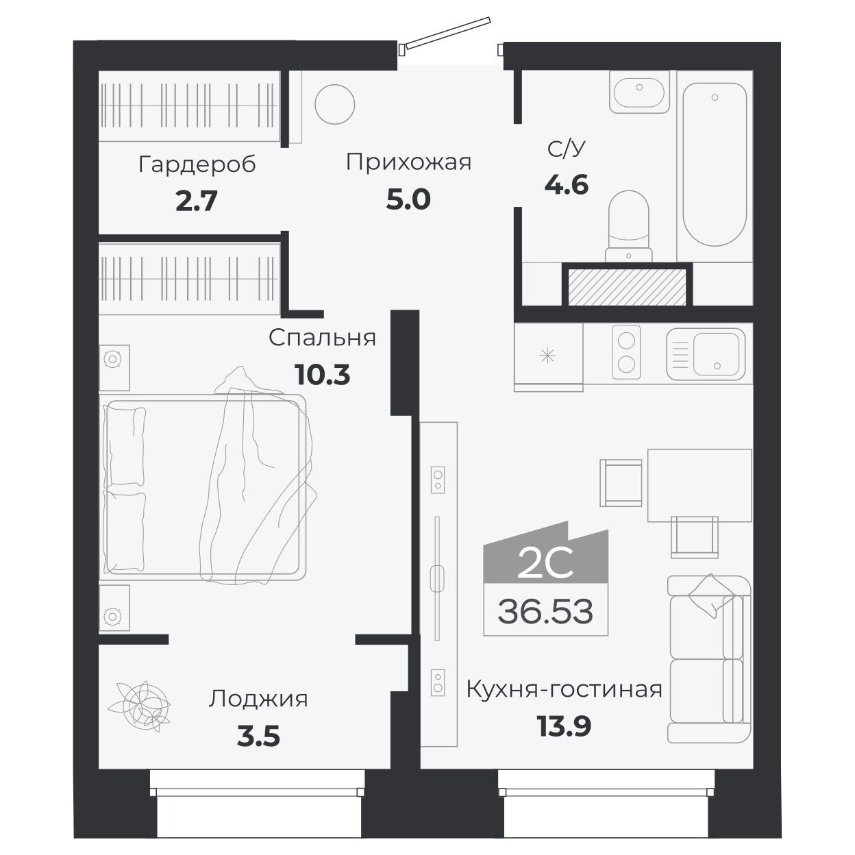 2-комнатная, 39.96 м², № 371 в Ясный берег-город у воды