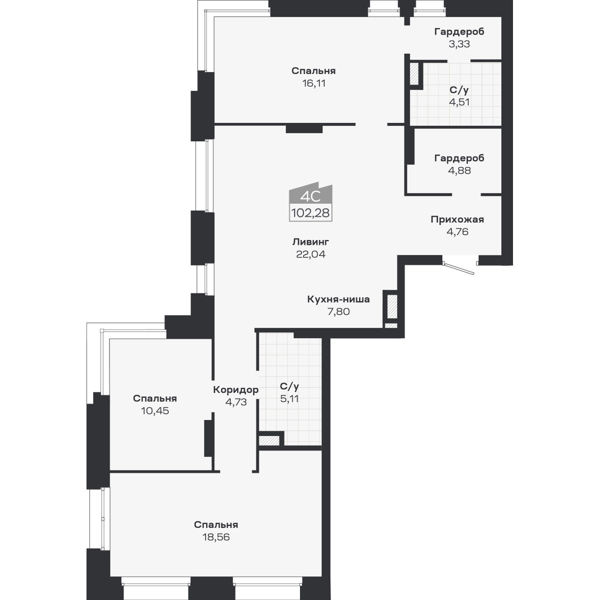 4-комнатная, 102.28 м², № 342 в Ясный берег-город у воды