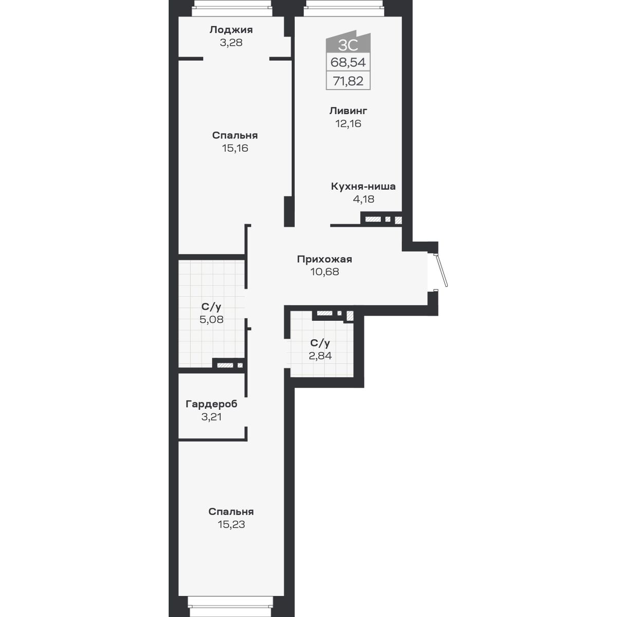 3-комнатная, 71.82 м², № 402 в Ясный берег-город у воды