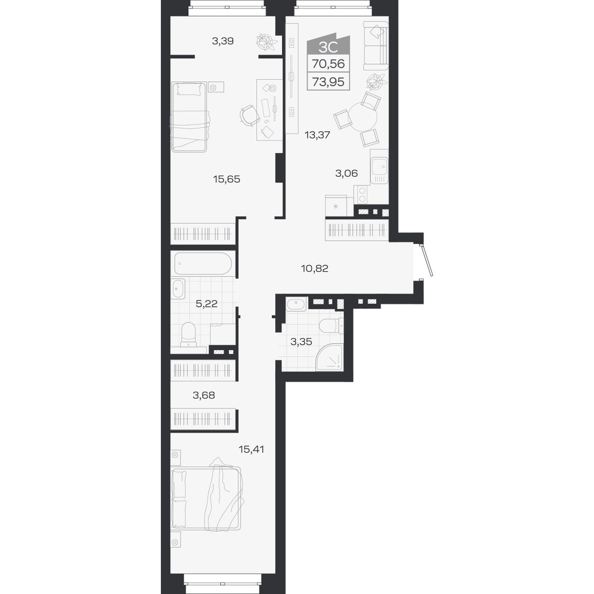 3-комнатная, 73.95 м², № 420 в Ясный берег-город у воды