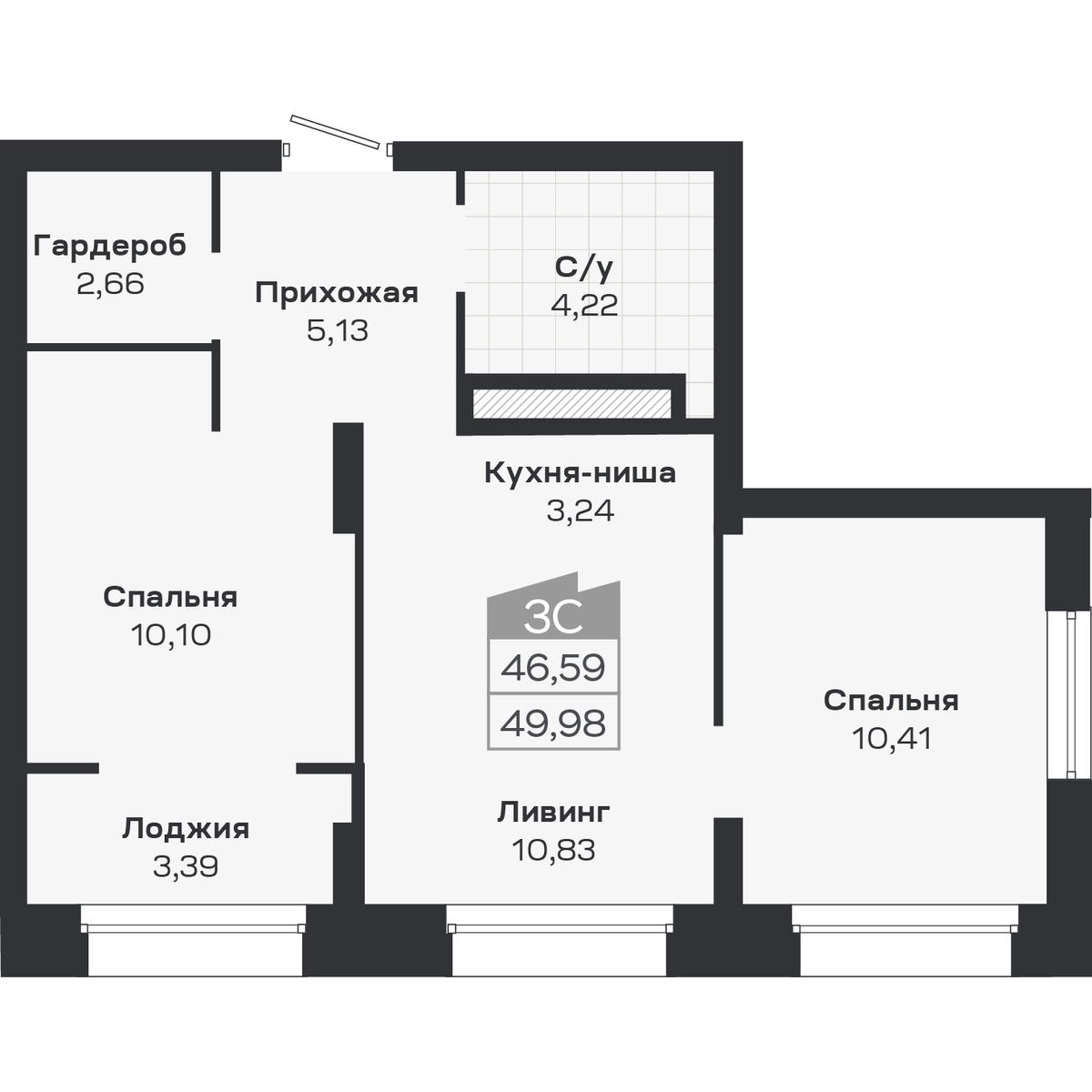 3-комнатная, 49.98 м², № 379 в Ясный берег-город у воды