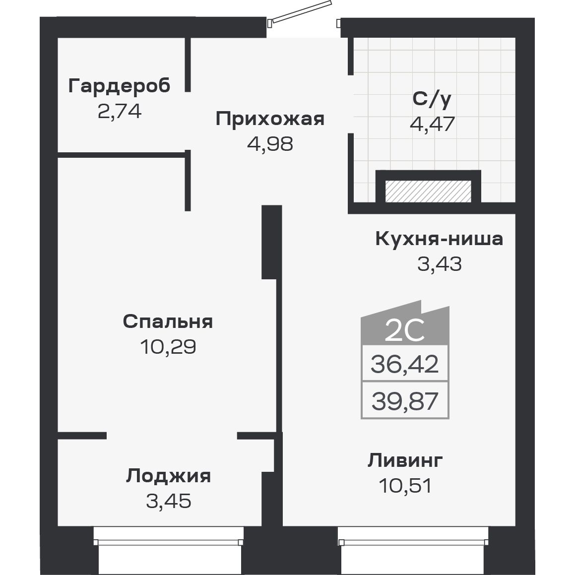2-комнатная, 39.87 м², № 336 в Ясный берег-город у воды