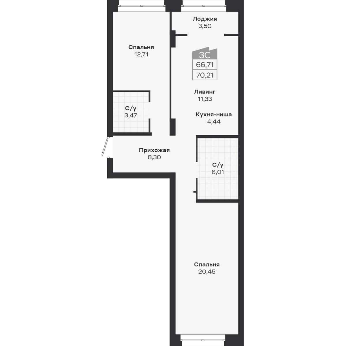 3-комнатная, 70.21 м², № 409 в Ясный берег-город у воды