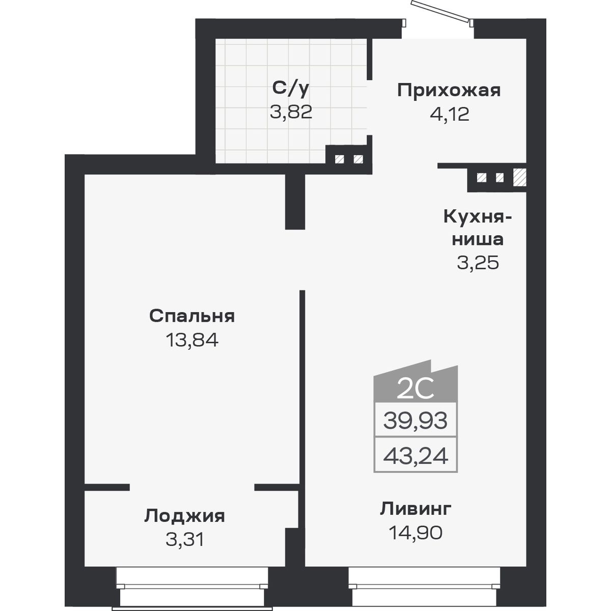 2-комнатная, 43.24 м², № 389 в Ясный берег-город у воды