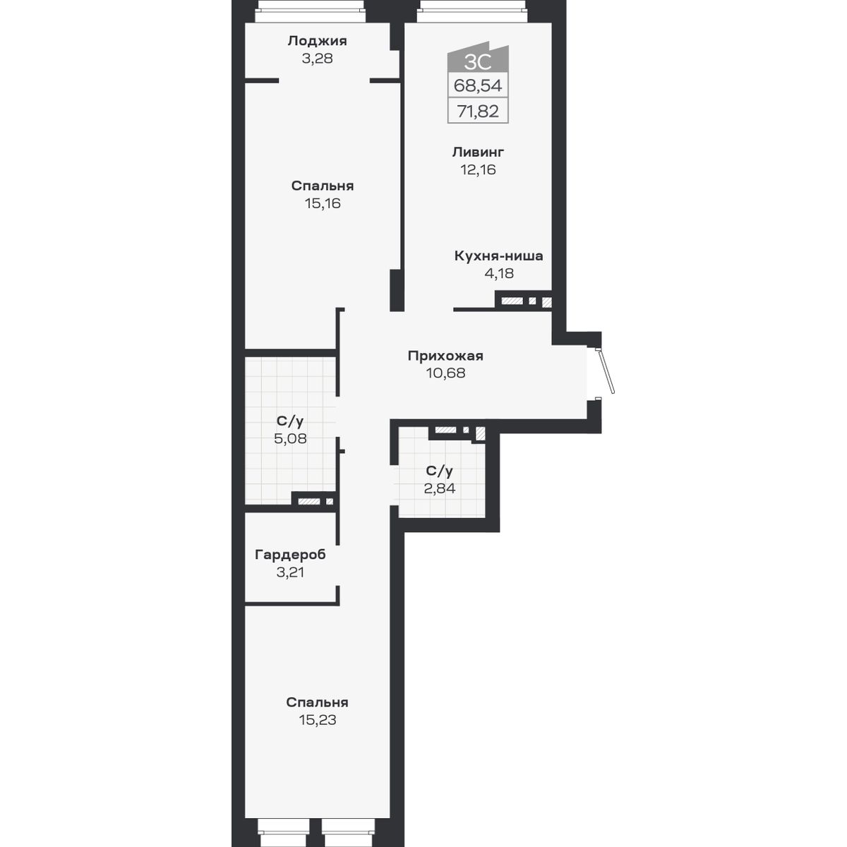 3-комнатная, 71.82 м², № 398 в Ясный берег-город у воды
