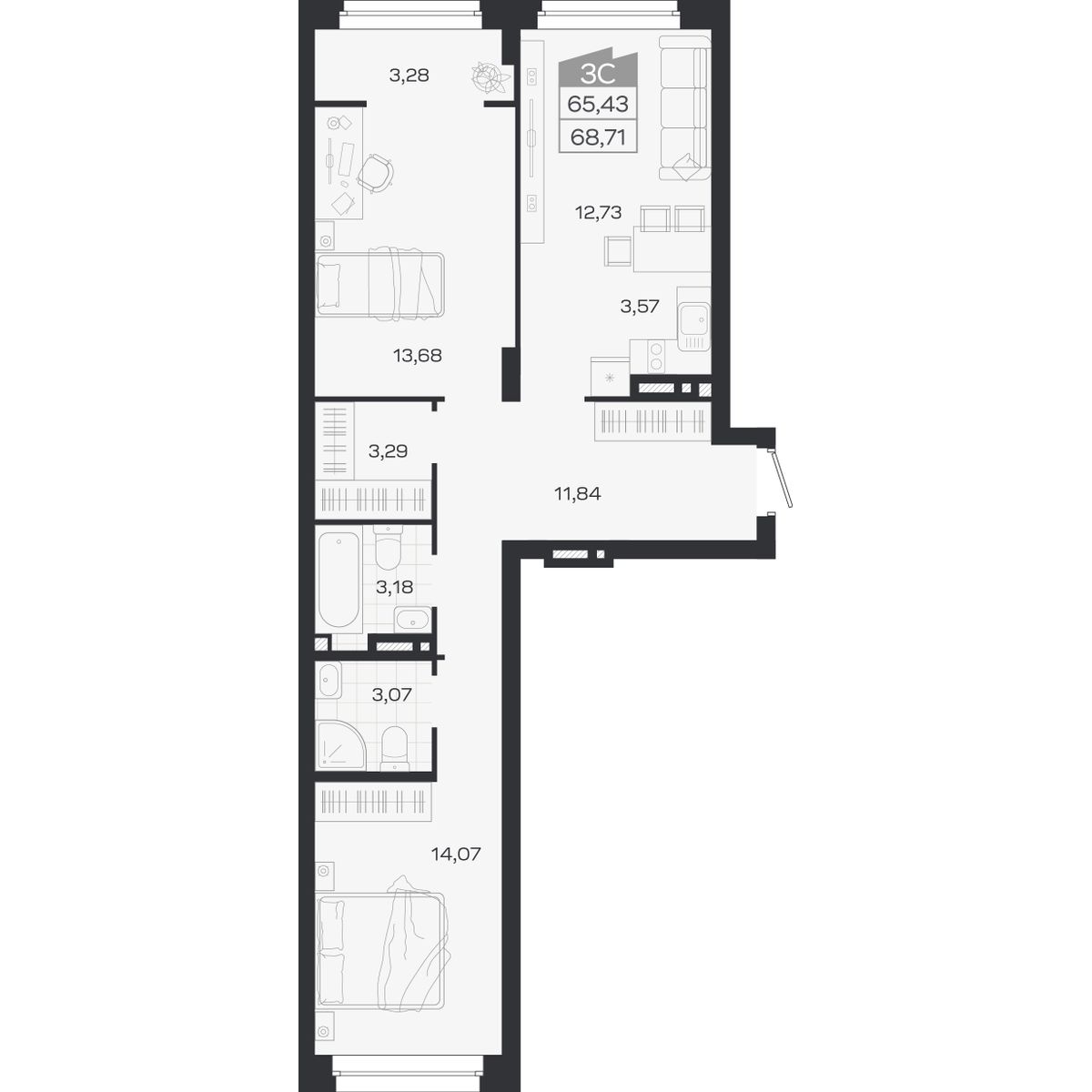 3-комнатная, 68.71 м², № 405 в Ясный берег-город у воды