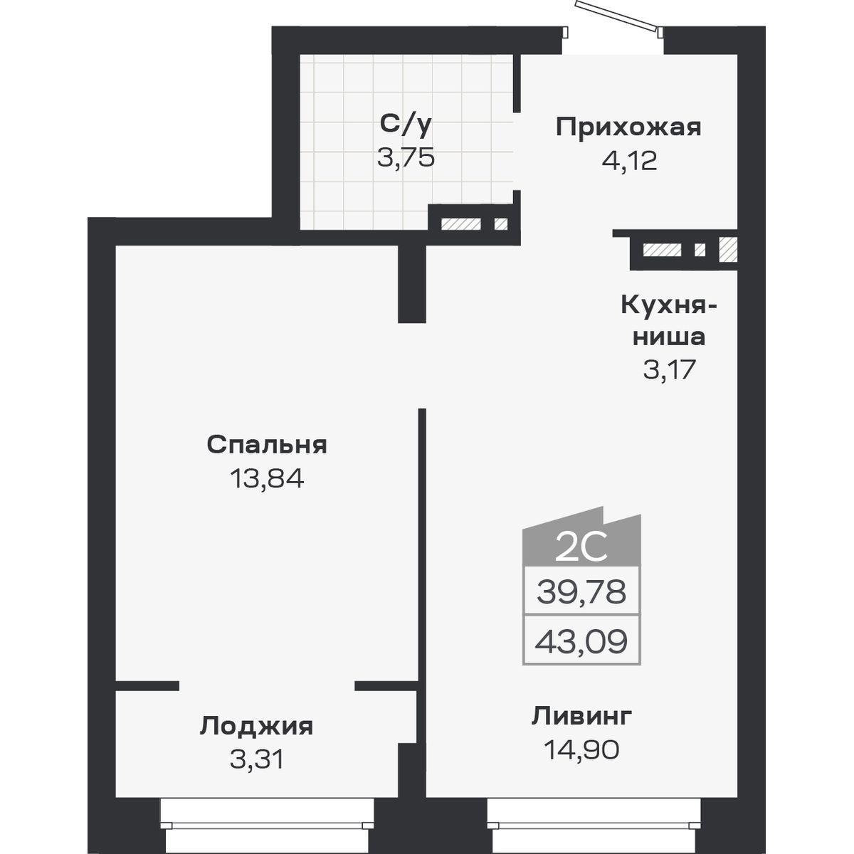 2-комнатная, 43.09 м², № 397 в Ясный берег-город у воды