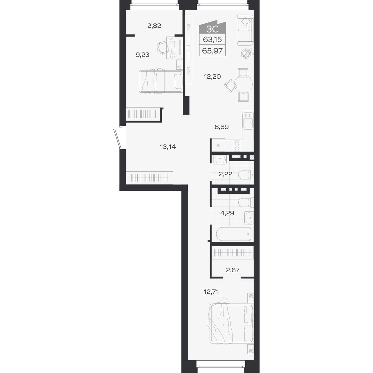 3-комнатная, 65.97 м², № 395 в Ясный берег-город у воды