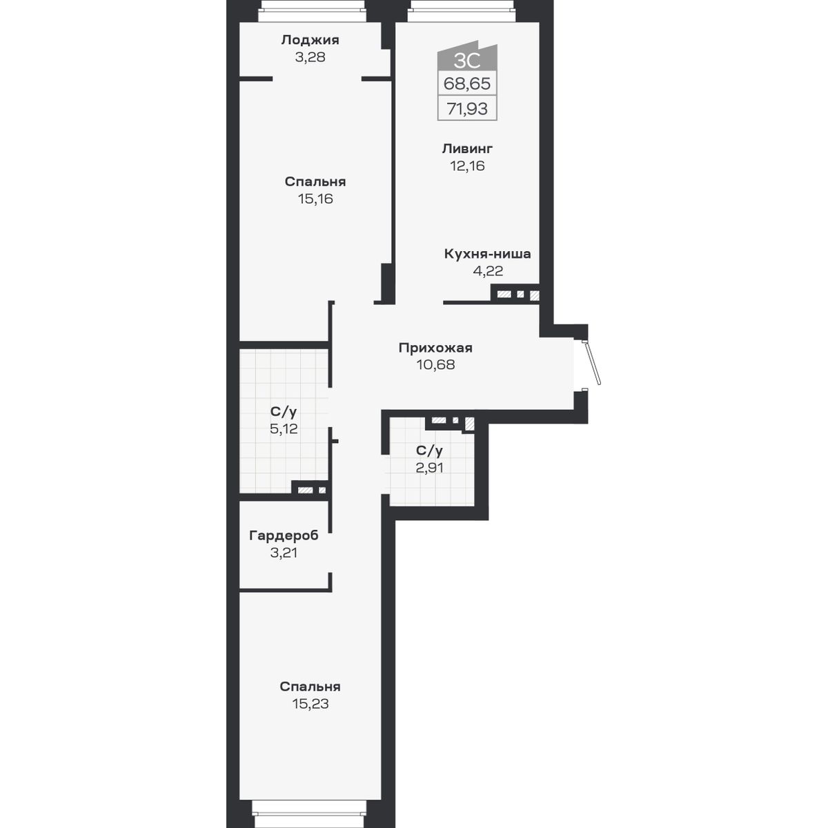 3-комнатная, 71.93 м², № 394 в Ясный берег-город у воды