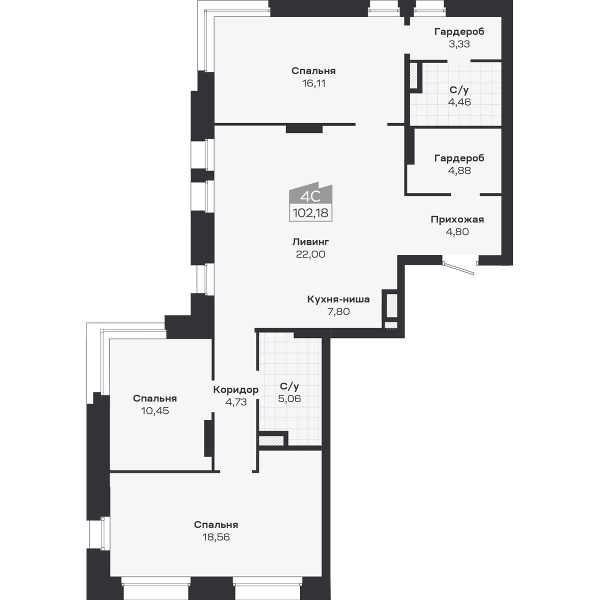 4-комнатная, 102.18 м², № 352 в Ясный берег-город у воды