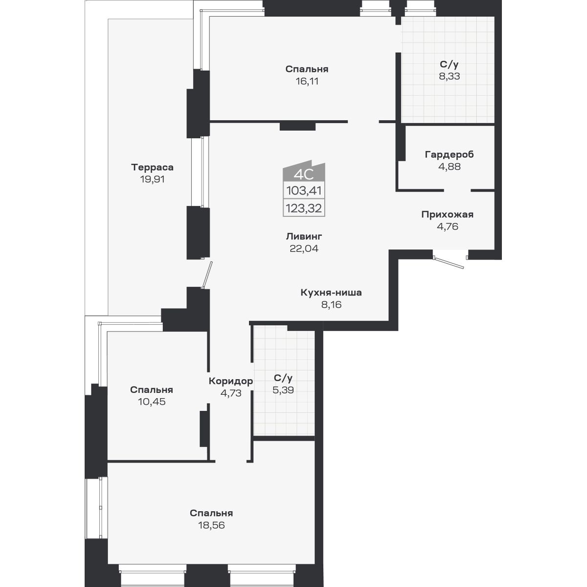 4-комнатная, 123.32 м², № 307 в Ясный берег-город у воды