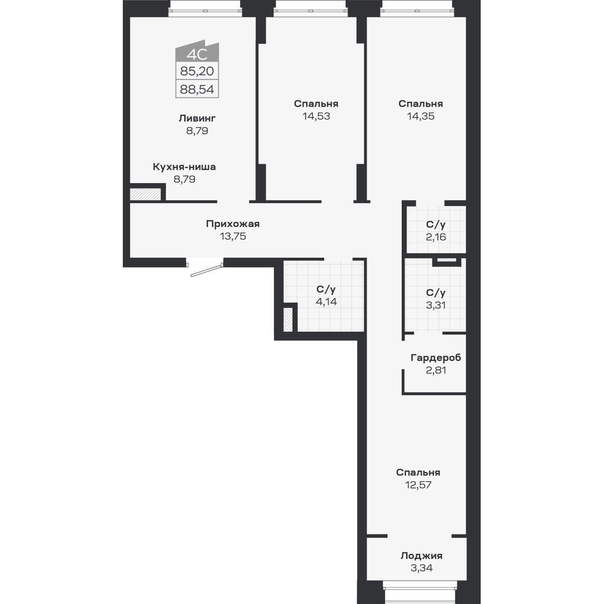4-комнатная, 88.54 м², № 323 в Ясный берег-город у воды