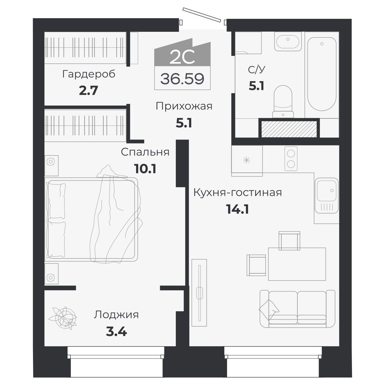 2-комнатная, 40.13 м², № 334 в Ясный берег-город у воды