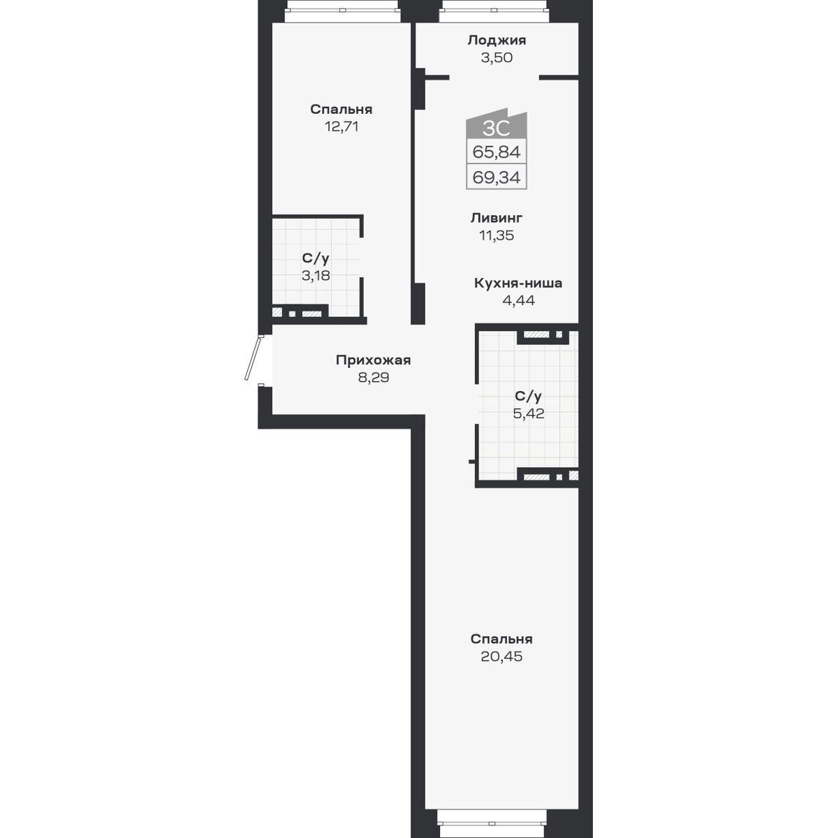 3-комнатная, 69.34 м², № 429 в Ясный берег-город у воды