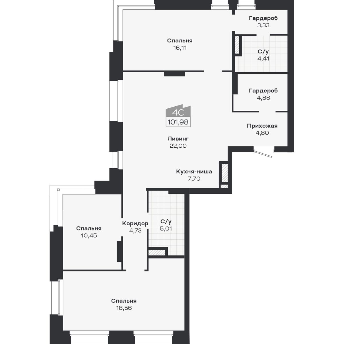 4-комнатная, 101.98 м², № 382 в Ясный берег-город у воды