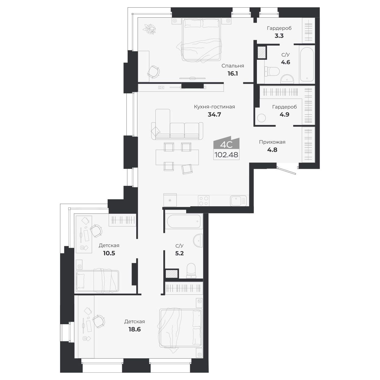 4-комнатная, 102.27 м², № 337 в Ясный берег-город у воды