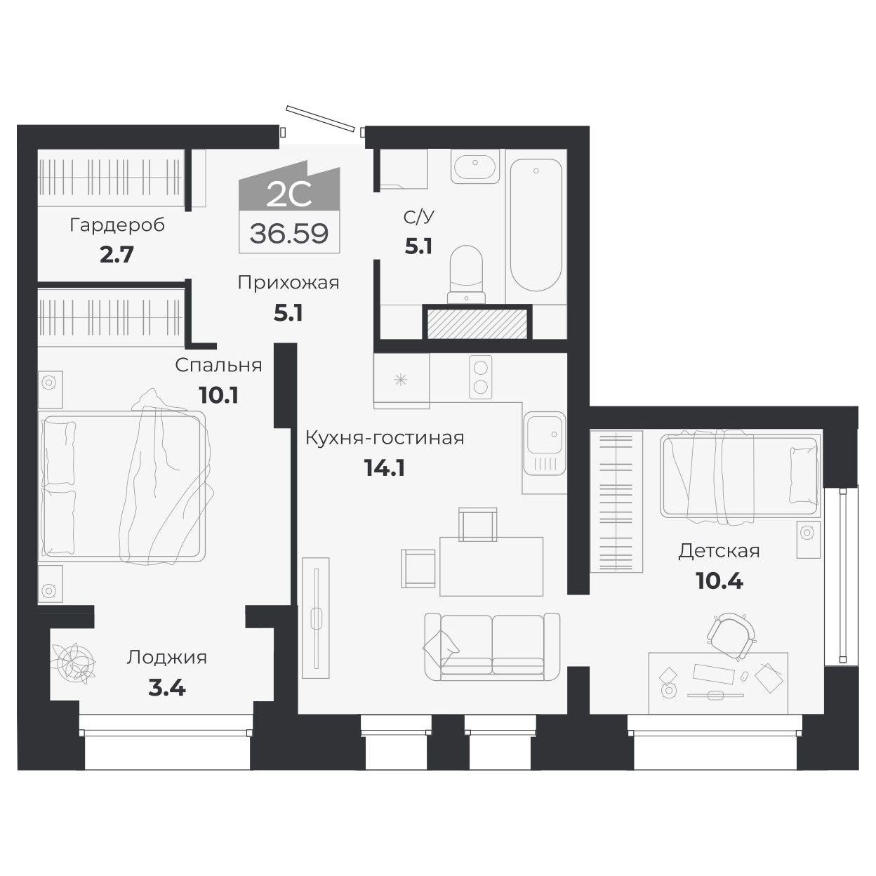3-комнатная, 49.74 м², № 369 в Ясный берег-город у воды