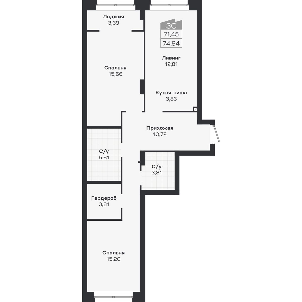 3-комнатная, 74.84 м², № 412 в Ясный берег-город у воды