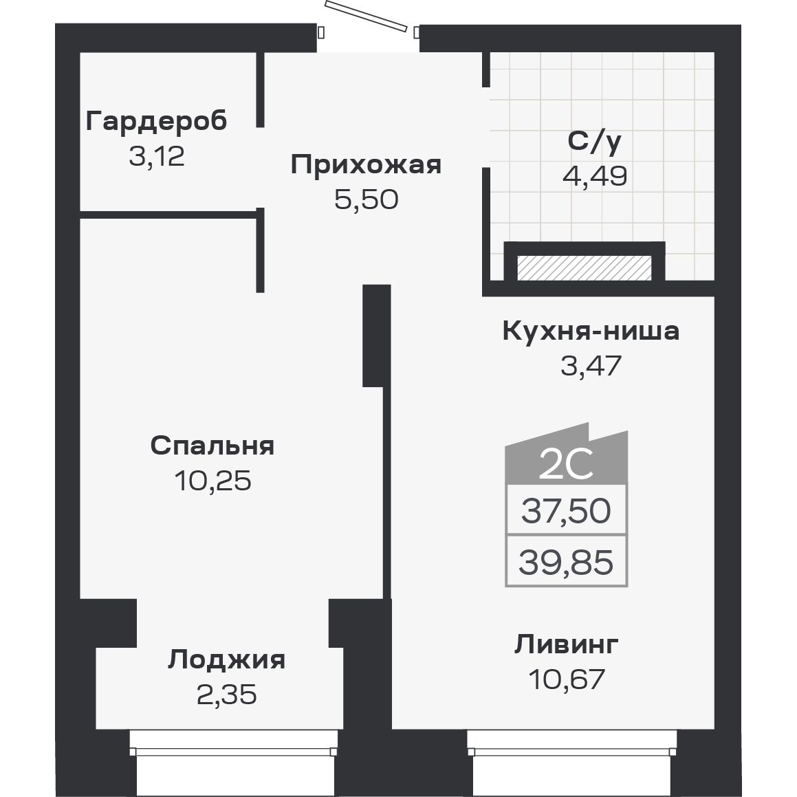 2-комнатная, 39.85 м², № 344 в Ясный берег-город у воды
