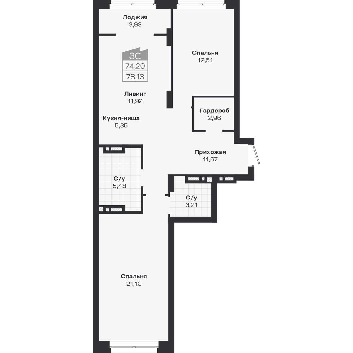 3-комнатная, 78.13 м², № 458 в Ясный берег-город у воды