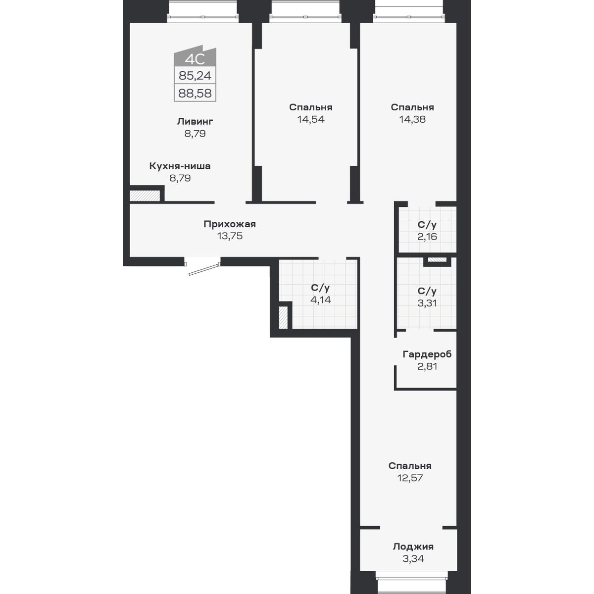 4-комнатная, 88.58 м², № 318 в Ясный берег-город у воды