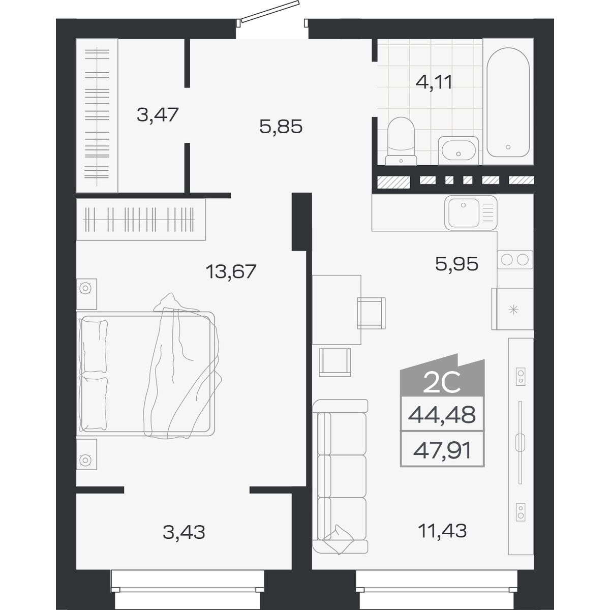 2-комнатная, 47.91 м², № 392 в Ясный берег-город у воды