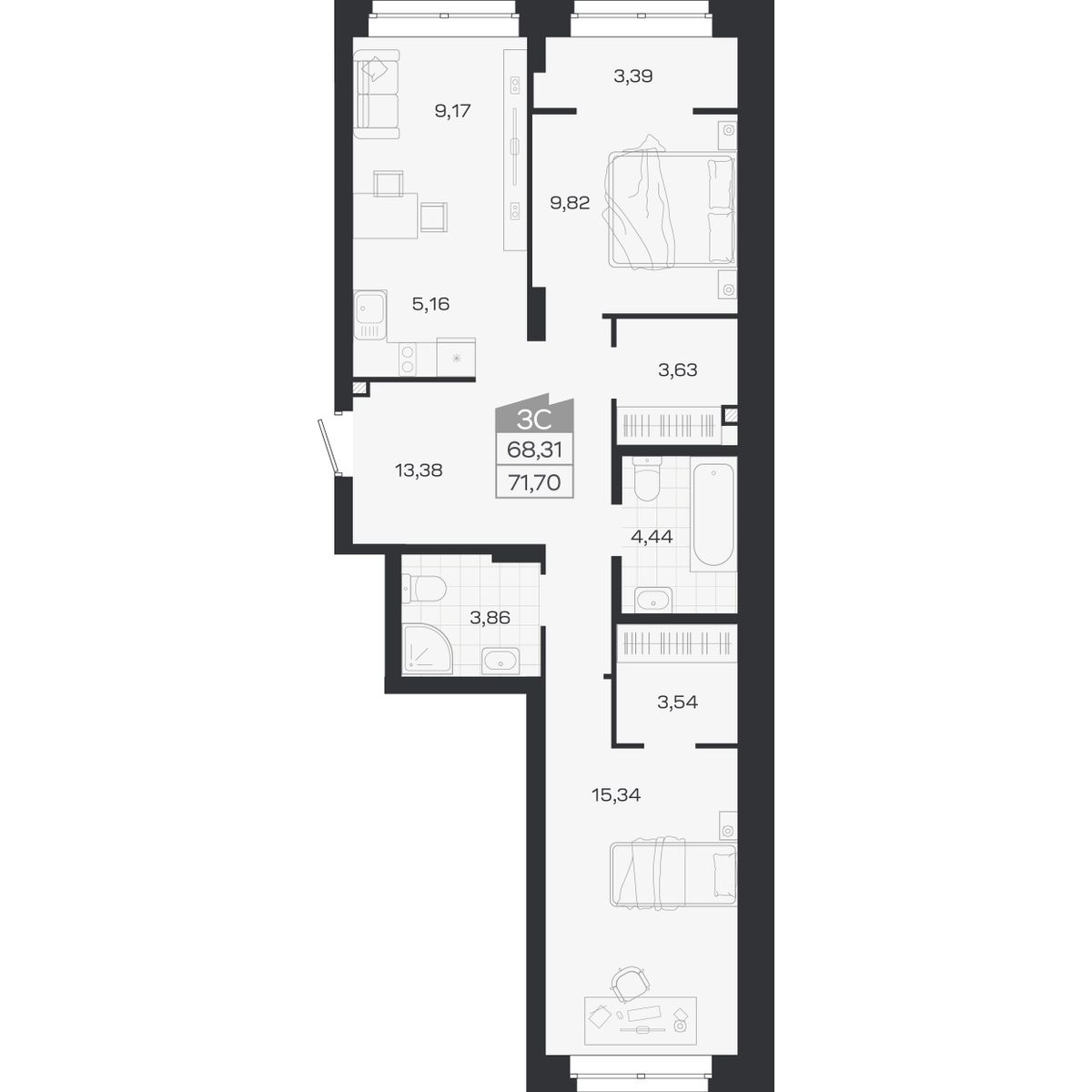 3-комнатная, 71.7 м², № 436 в Ясный берег-город у воды