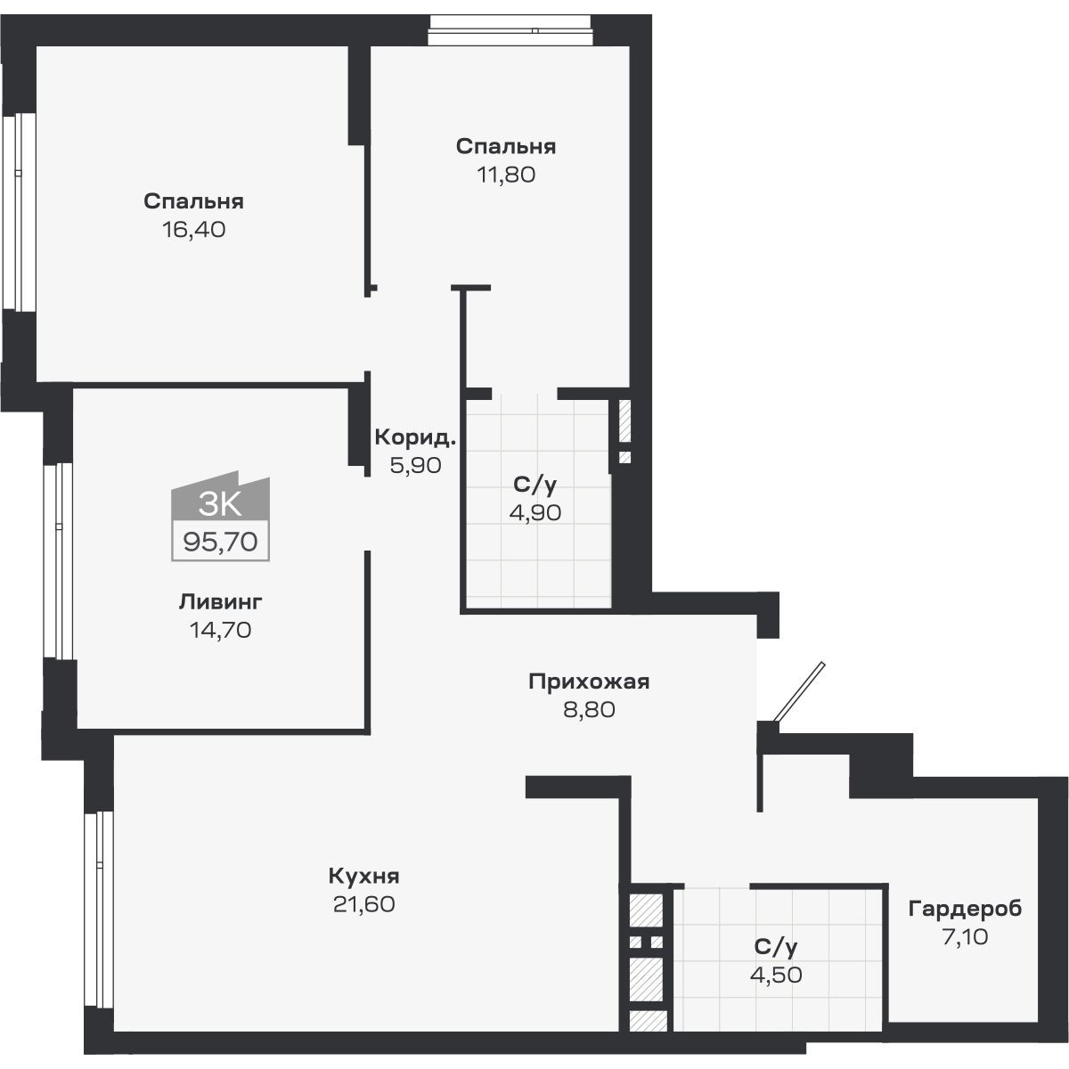 3-комнатная, 95.7 м², № 309 в Ясный берег-город у воды