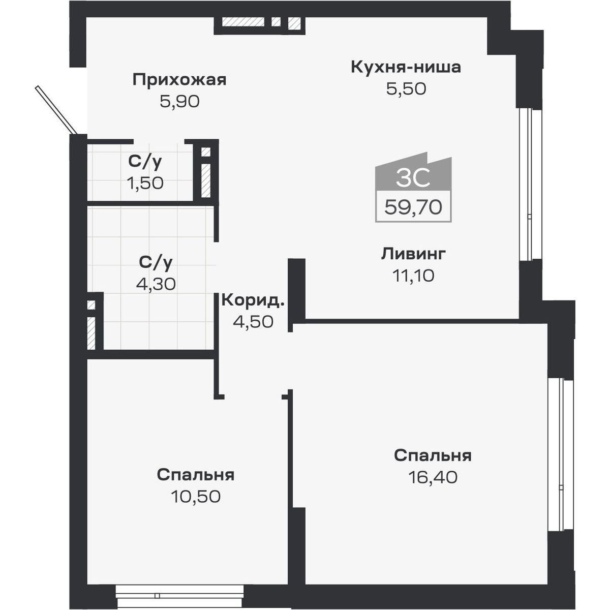 3-комнатная, 59.7 м², № 176 в Ясный берег-город у воды