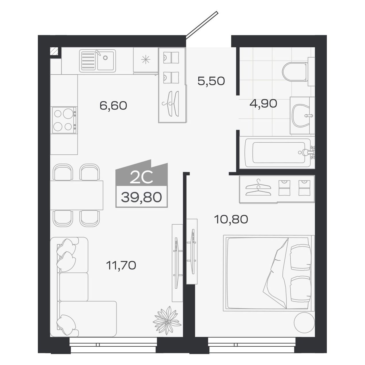 2-комнатная, 39.8 м², № 12 в Ясный берег-город у воды