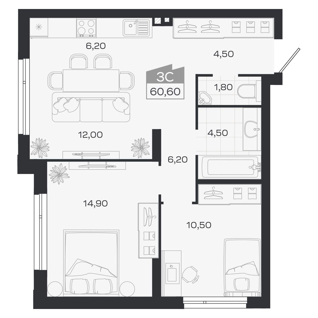 3-комнатная, 60.6 м², № 13 в Ясный берег-город у воды