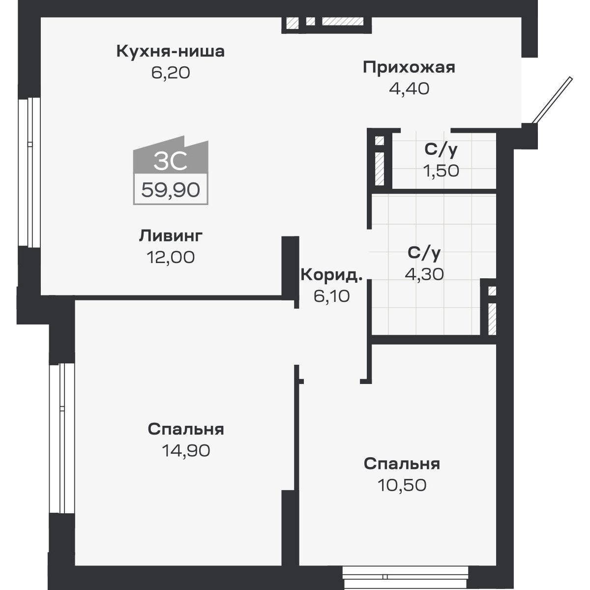 3-комнатная, 59.9 м², № 363 в Ясный берег-город у воды