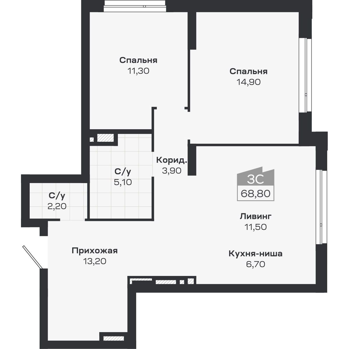 3-комнатная, 68.8 м², № 244 в Ясный берег-город у воды