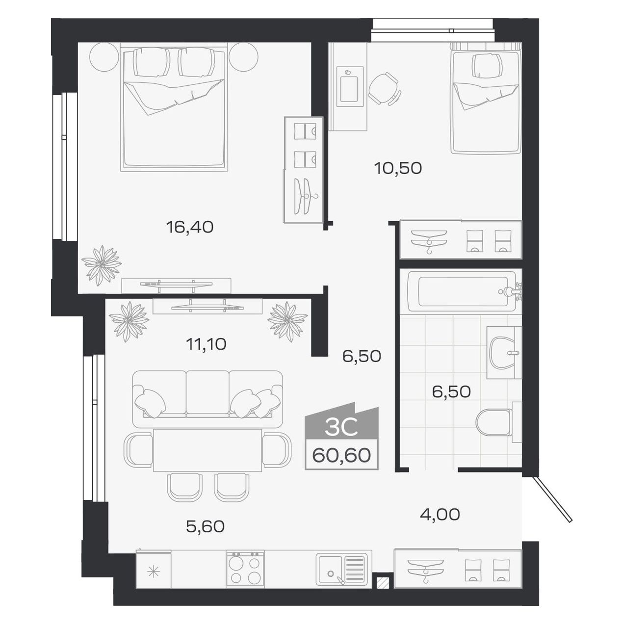 3-комнатная, 60.6 м², № 1 в Ясный берег-город у воды