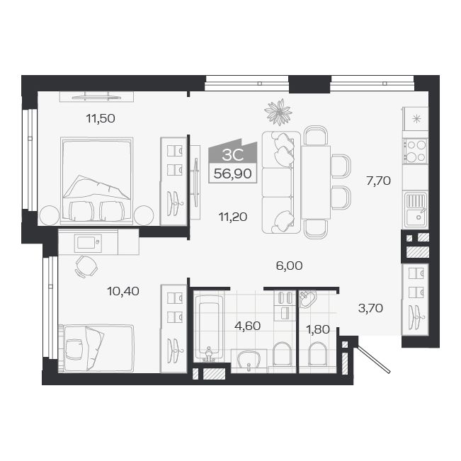 3-комнатная, 56.9 м², № 66 в Ясный берег-город у воды