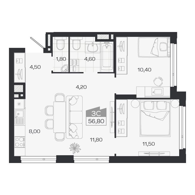 3-комнатная, 56.8 м², № 304 в Ясный берег-город у воды