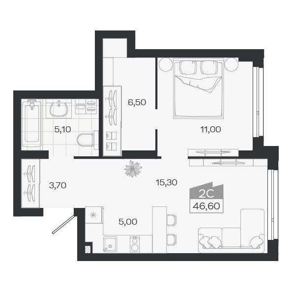 2-комнатная, 46.6 м², № 6 в Ясный берег-город у воды