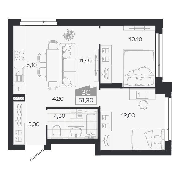 3-комнатная, 51.3 м², № 5 в Ясный берег-город у воды