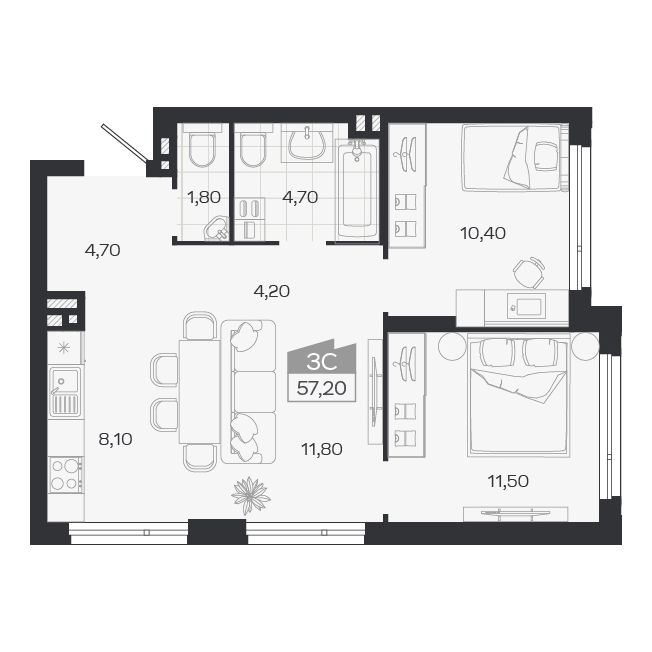 3-комнатная, 57.2 м², № 17 в Ясный берег-город у воды