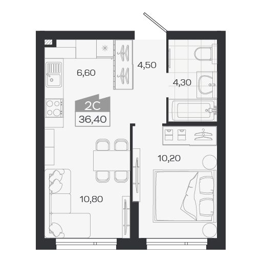 2-комнатная, 36.4 м², № 8 в Ясный берег-город у воды